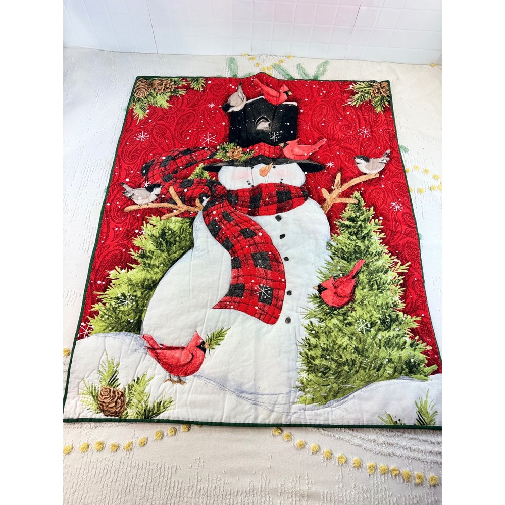Handmade Christmas Snowman Cardinals Quilted Wall Hanging Holiday Decor 32x40